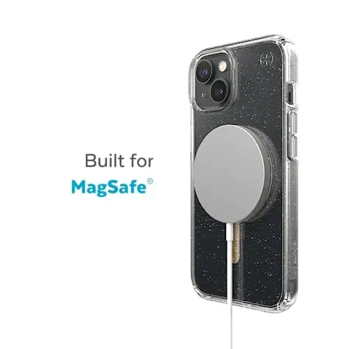 Speck Clear iPhone 14 & iPhone 13 Case - Drop Protection, Scratch Resistant, Dual Layer Slim Phone Case for 6.1 Inch iPhones 14 -Built for MagSafe - Anti-Fade Case-Presidio Perfect-Clear/Gold Glitter - SPECK (1)