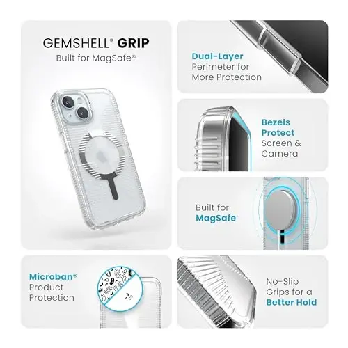 Speck Clear iPhone 15 Case - Slim, Built for MagSafe, Drop Protection Grip - for iPhone 15, iPhone 14 & iPhone 13 - Scratch Resistant, Anti-Yellowing, 6.1 Inch Phone Case - GemShell Grip Clear - 3