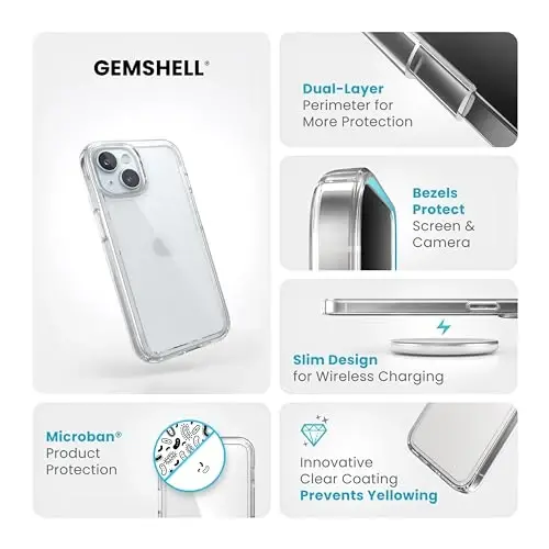 Speck Clear iPhone 15 Case - Slim, Drop Protection - for iPhone 15, iPhone 14 & iPhone 13 - Scratch Resistant, Anti-Yellowing, 6.1 Inch Phone Case - GemShell Clear - 9