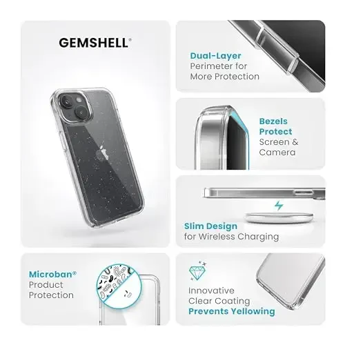 Speck Clear iPhone 15 Case - Slim, Drop Protection - for iPhone 15, iPhone 14 & iPhone 13 - Scratch Resistant, Anti-Yellowing, 6.1 Inch Phone Case - GemShell Platinum Glitter - 3