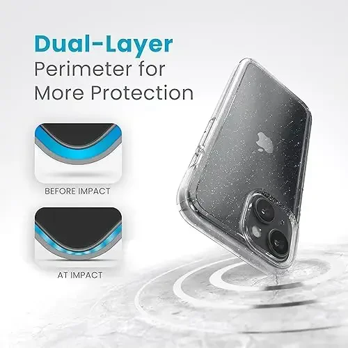 Speck Clear iPhone 15 Case - Slim, Drop Protection - for iPhone 15, iPhone 14 & iPhone 13 - Scratch Resistant, Anti-Yellowing, 6.1 Inch Phone Case - GemShell Platinum Glitter - 4