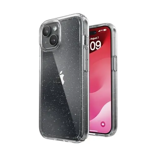 Speck Clear iPhone 15 Case - Slim, Drop Protection - for iPhone 15, iPhone 14 & iPhone 13 - Scratch Resistant, Anti-Yellowing, 6.1 Inch Phone Case - GemShell Platinum Glitter - 1
