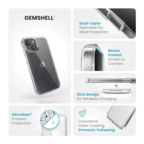 Speck Clear iPhone 15 Case - Slim, Drop Protection - for iPhone 15, iPhone 14 & iPhone 13 - Scratch Resistant, Anti-Yellowing, 6.1 Inch Phone Case - GemShell Platinum Glitter - 3