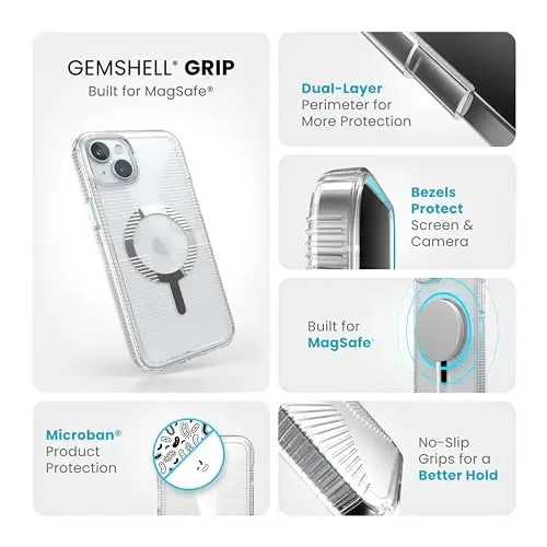 Speck Clear iPhone 15 Plus Case - Slim, Built for MagSafe, Drop Protection Grip - for iPhone 15 Plus & iPhone 14 Plus - Scratch Resistant, Anti-Yellowing, 6.7 Inch Phone Case - GemShell Grip Clear - 3