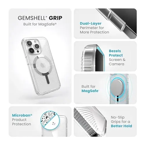 Speck Clear iPhone 15 Pro Case - Slim, Built for MagSafe, Drop Protection Grip - Scratch Resistant, Anti-Yellowing, 6.1 Inch Phone Case - GemShell Grip Clear - 3