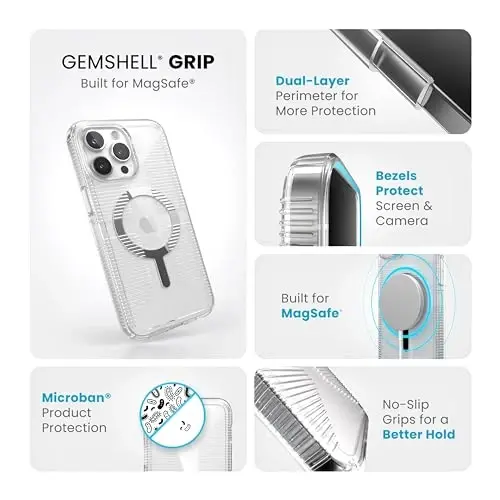 Speck Clear iPhone 15 Pro Max Case - Slim, Built for MagSafe, Drop Protection Grip - Scratch Resistant, Anti-Yellowing, 6.7 Inch Phone Case - GemShell Grip Clear - 3