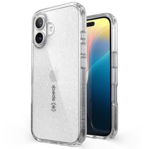 Speck Clear iPhone 16 Case - Slim GemShell Phone Case - Clear/Platinum Glitter - 1