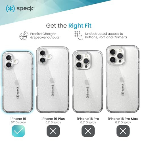 Speck Clear iPhone 16 Case - Slim GemShell Phone Case - Clear/Platinum Glitter - 3