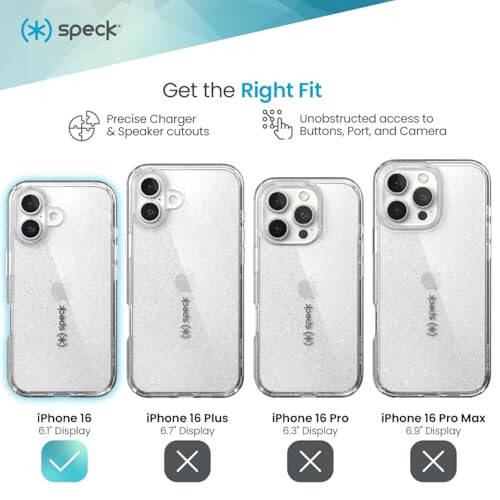 Speck Clear iPhone 16 Case - Slim GemShell Phone Case - Clear/Platinum Glitter - 3