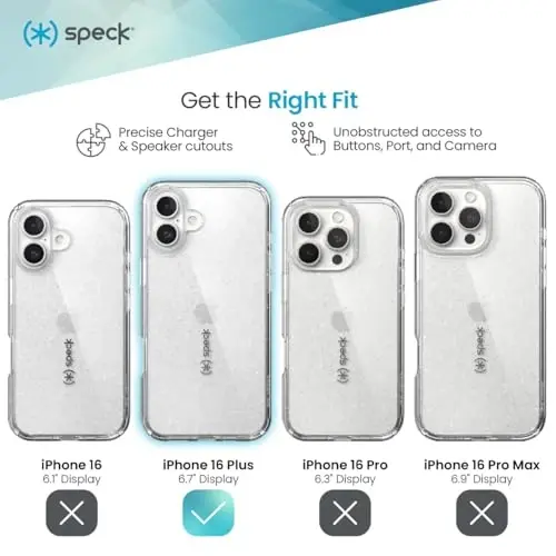Speck Clear iPhone 16 Plus Case - Slim GemShell - Clear/Platinum Glitter - 3