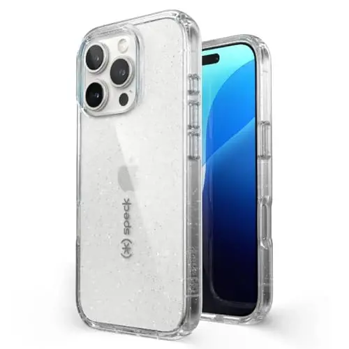 Speck Clear iPhone 16 Pro Case - Slim Phone Case - GemShell - Clear/Platinum Glitter - 1