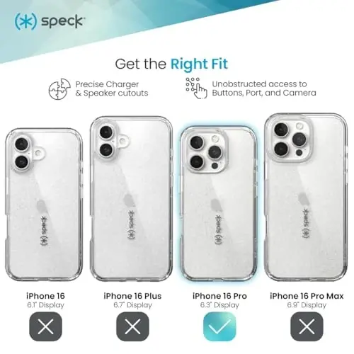 Speck Clear iPhone 16 Pro Case - Slim Phone Case - GemShell - Clear/Platinum Glitter - 3