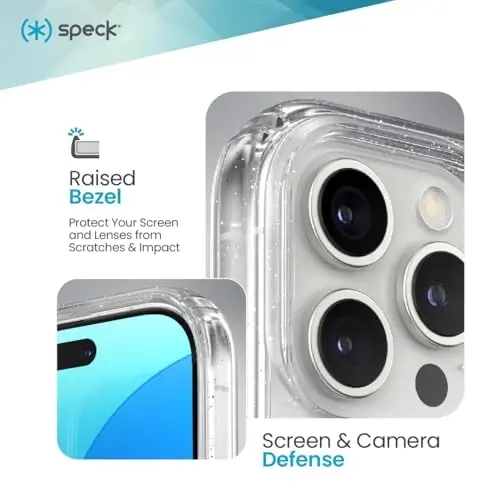 Speck Clear iPhone 16 Pro Case - Slim Phone Case - GemShell - Clear/Platinum Glitter - 4