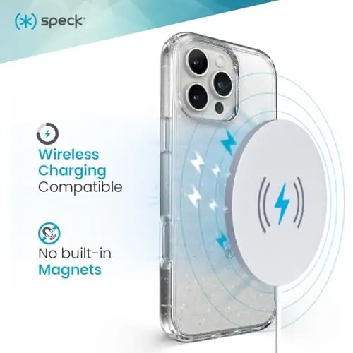 Speck Clear iPhone 16 Pro Case - Slim Phone Case - GemShell - Clear/Platinum Glitter - 5