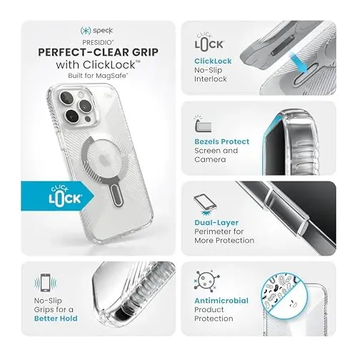 Speck Clear iPhone 16 Pro Max Case MagSafe + ClickLock - Slim Phone Case iPhone 16 Pro Max - iPhone 16 Pro Max Phone Case - Presidio - Clear/Chrome - SPECK (1)