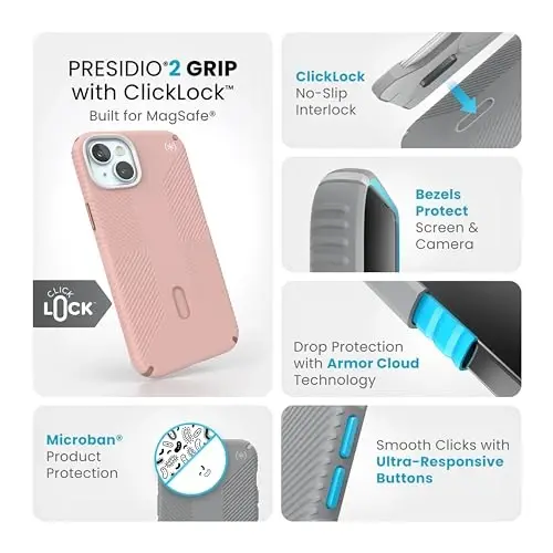 Speck iPhone 15 Plus Case - ClickLock No-Slip Interlock, MagSafe, Drop Protection Grip - for iPhone 15 Plus & iPhone 14 Plus - 6.7 Inch Phone Case - Presidio2 Grip Dahlia Pink/Rose Copper/White - 3