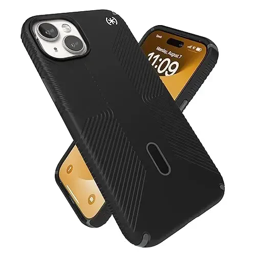 Speck iPhone 15 Plus Case - ClickLock Sirpanmasiz Qulf, MagSafe uchun moʻljallangan, tushishdan himoya qilish tutqichi - iPhone 15 Plus & iPhone 14 Plus uchun - 6.7 dyuymli telefon korpusi - Presidio2 Grip Black/Slate Grey/White - Modazone