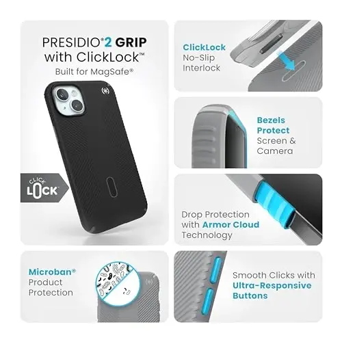 Speck iPhone 15 Plus Case - ClickLock Sirpanmasiz Qulf, MagSafe uchun moʻljallangan, tushishdan himoya qilish tutqichi - iPhone 15 Plus & iPhone 14 Plus uchun - 6.7 dyuymli telefon korpusi - Presidio2 Grip Black/Slate Grey/White - 3