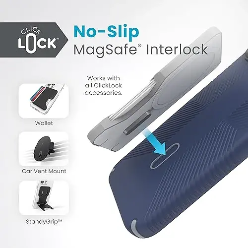 Speck iPhone 15 Plus G'ilofi - ClickLock Sirpanmaydigan Biriktirish, MagSafe, Tushishdan Himoya Tutqichi - iPhone 15 Plus & iPhone 14 Plus uchun - 6.7 dyuymli Telefon G'ilofi - Presidio2 Grip Coastal Blue/Dust Grey/White - 4