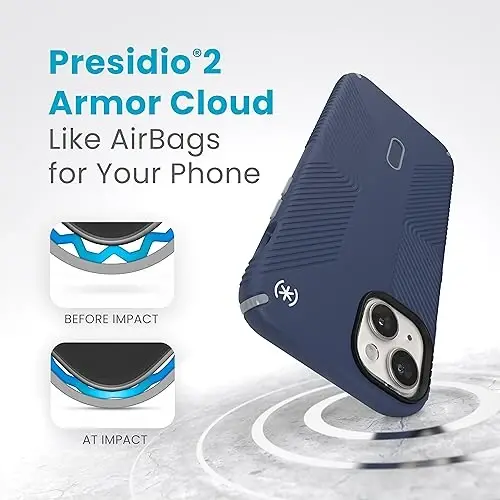 Speck iPhone 15 Plus G'ilofi - ClickLock Sirpanmaydigan Biriktirish, MagSafe, Tushishdan Himoya Tutqichi - iPhone 15 Plus & iPhone 14 Plus uchun - 6.7 dyuymli Telefon G'ilofi - Presidio2 Grip Coastal Blue/Dust Grey/White - 5