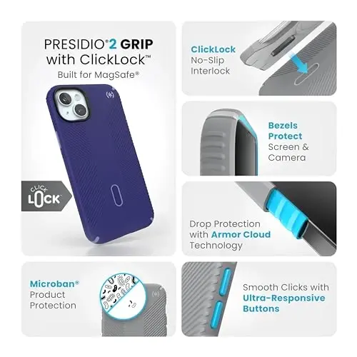 Speck iPhone 15 Plus G'ilofi - ClickLock Sirpanmaydigan Interlock, MagSafe, Tushishdan Himoya Grip - iPhone 15 Plus & iPhone 14 Plus uchun - 6.7 dyuymli Telefon G'ilofi - Presidio2 Grip Future Blue/Purple Ink/Sky Purple - 3