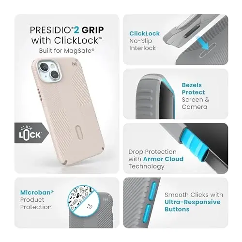 Speck iPhone 15 Plus g'ilofi - ClickLock sirpanmaydigan qulf, MagSafe, tushishdan himoya tutqichi - iPhone 15 Plus iPhone 14 Plus 6.7 dyuymli telefon g'ilofi - Presidio2 tutqichi oqartirilgan suyak/meros oltin/yong'oq jigarrang - 3