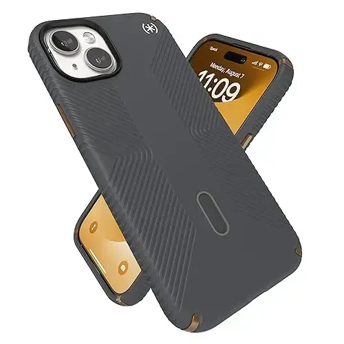 Speck iPhone 15 Plus Case - ClickLock No-Slip Interlock, MagSafe, Drop Protection Grip - for iPhone 15 Plus & iPhone 14 Plus - 6.7 Inch Phone Case - Presidio2 Grip Charcoal Grey/Cool Bronze/White - SPECK