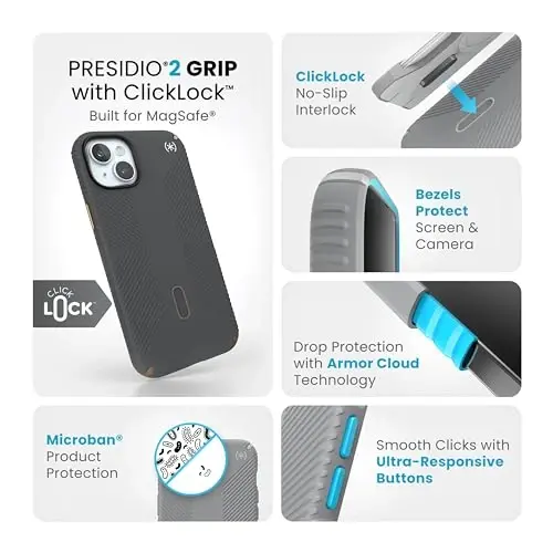 Speck iPhone 15 Plus Case - ClickLock No-Slip Interlock, MagSafe, Drop Protection Grip - for iPhone 15 Plus & iPhone 14 Plus - 6.7 Inch Phone Case - Presidio2 Grip Charcoal Grey/Cool Bronze/White - 3