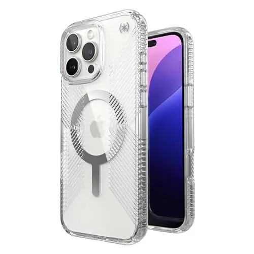 Speck Presidio Clear MagSafe Case - Slim iPhone 16 Pro Max Case - No-Slip Grip - 13ft Drop Protection - Clear/Chrome - 1