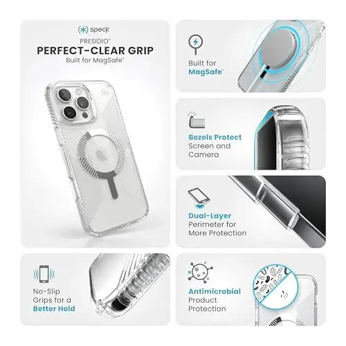 Speck Presidio Clear MagSafe Case - Slim iPhone 16 Pro Max Case - No-Slip Grip - 13ft Drop Protection - Clear/Chrome - Speck (1)