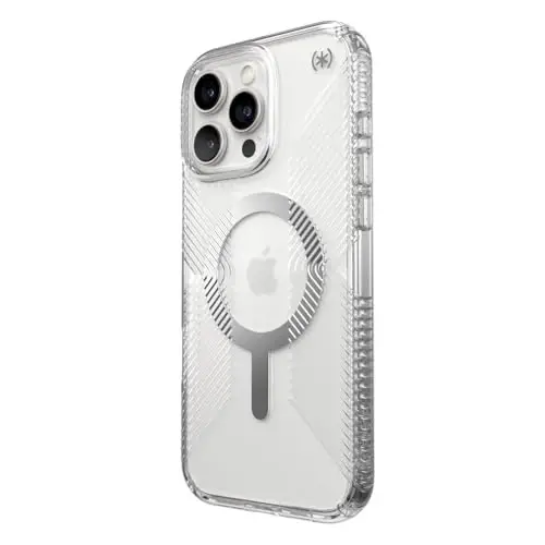 Speck Presidio Clear MagSafe Case - Slim iPhone 16 Pro Max Case - No-Slip Grip - 13ft Drop Protection - Clear/Chrome - 4