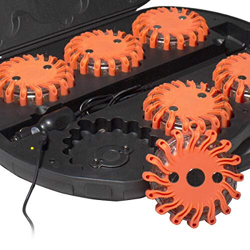 SpeedTech Lights 6 Pack of Rechargeable 16 LED Road Flare Disc Warning Beacon Emergency Flares for the Car, Truck, Bike, RV Vehicles - Roadside Emergency Kit w/ Charger & Carrying Case Included - 2