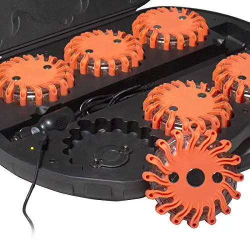 SpeedTech Lights 6 Pack of Rechargeable 16 LED Road Flare Disc Warning Beacon Emergency Flares for the Car, Truck, Bike, RV Vehicles - Roadside Emergency Kit w/ Charger & Carrying Case Included - 2