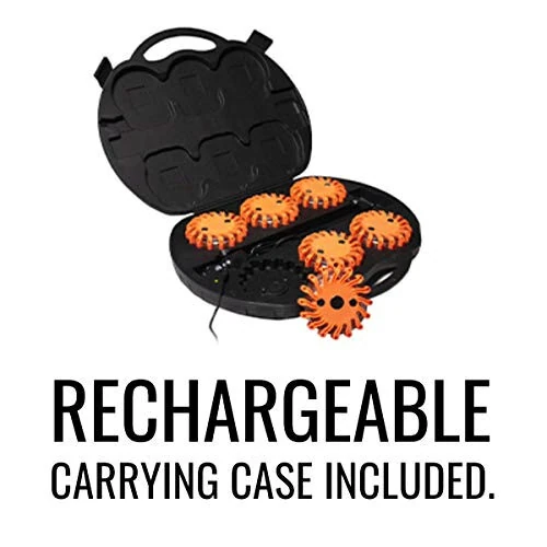 SpeedTech Lights 6 Pack of Rechargeable 16 LED Road Flare Disc Warning Beacon Emergency Flares for the Car, Truck, Bike, RV Vehicles - Roadside Emergency Kit w/ Charger & Carrying Case Included - 6