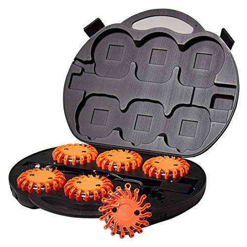 SpeedTech Lights 6 Pack of Rechargeable 16 LED Road Flare Disc Warning Beacon Emergency Flares for The Car, Truck, Bike, RV Vehicles - Roadside Emergency Kit w/Charger & Carrying Case Included - 1