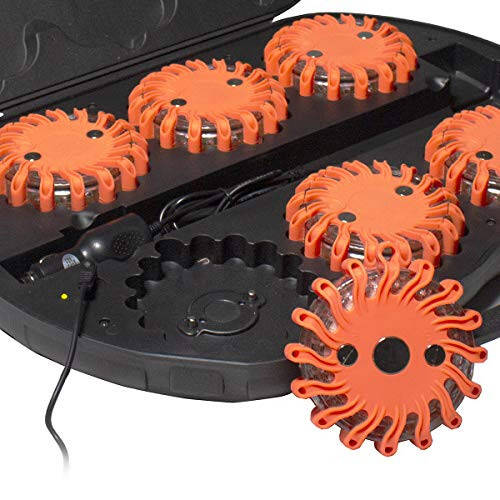 SpeedTech Lights 6 Pack of Rechargeable 16 LED Road Flare Disc Warning Beacon Emergency Flares for The Car, Truck, Bike, RV Vehicles - Roadside Emergency Kit w/Charger & Carrying Case Included - 2