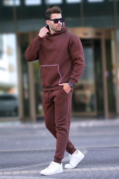 Spicy Brown Men's Hooded Sweatsuit with Elastic Bottoms 7045 - MADMEXT (1)