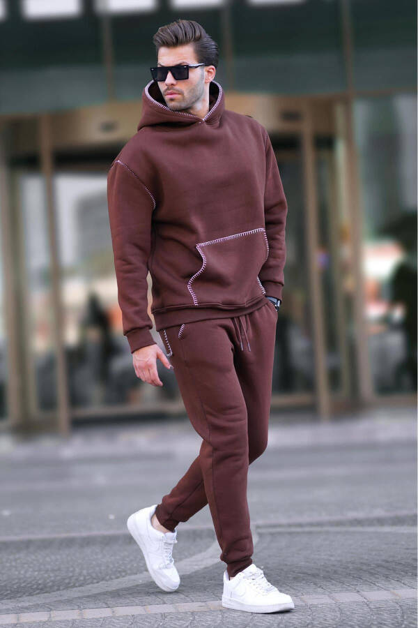 Spicy Brown Men's Hooded Sweatsuit with Elastic Bottoms 7045 - 1