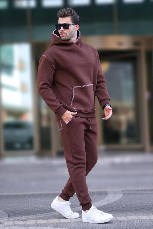 Spicy Brown Men's Hooded Sweatsuit with Elastic Bottoms 7045 - 3