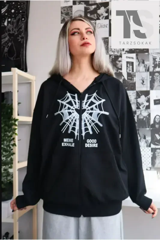 Spider Web Desire Sweatshirt Zippered Cardigan-black breast - 1