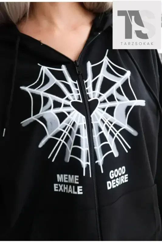 Spider Web Desire Sweatshirt Zippered Cardigan-black breast - 3