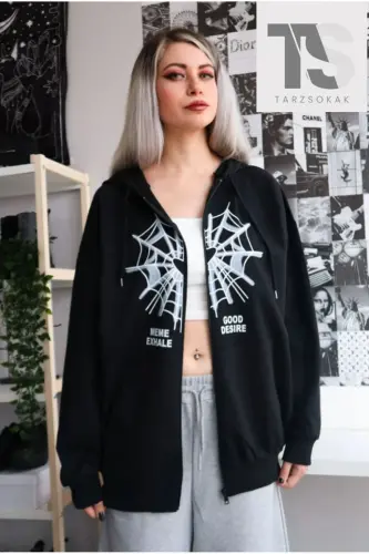Spider Web Desire Sweatshirt Zippered Cardigan - black breast - ADRIFT (1)