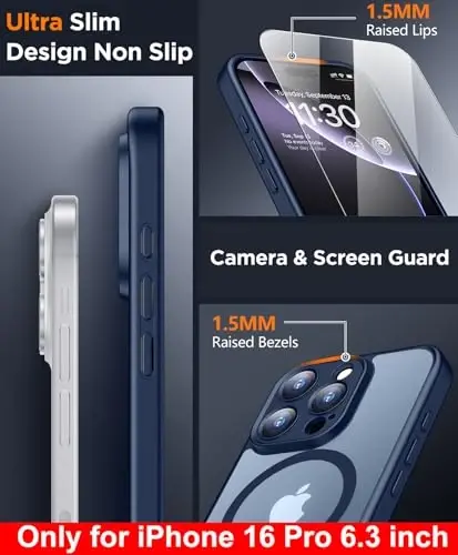 SPIDERCASE Designed for iPhone 16 Case, Magnetic Translucent [2+Full Coverage Tempered Glass Screen Protector] [Full Camera Protection] Anti-Fingerprint Anti-Scratch for iPhone 16 6.1”, Blue - 4