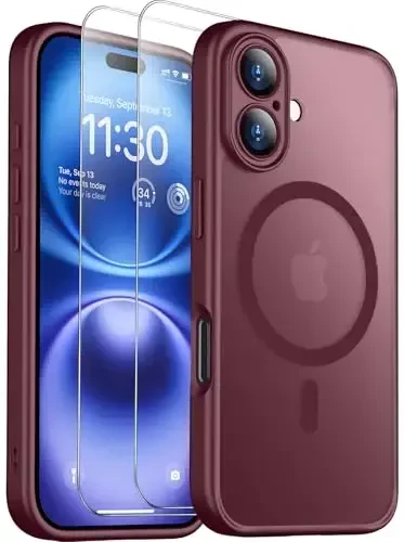 SPIDERCASE Designed for iPhone 16 Case, Magnetic Translucent [2+Tempered Glass Screen Protector] [Camera Protection] Anti-Fingerprint Anti-Scratch for iPhone 16 6.1”, Wine Red - SPIDERCASE
