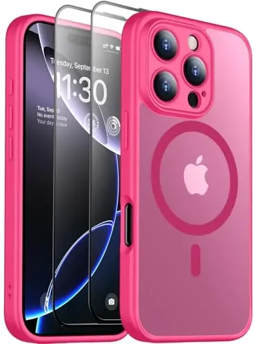 SPIDERCASE Designed for iPhone 16 Case, Magnetic Translucent [2+Tempered Glass Screen Protector] [Full Camera Protection] Anti-Fingerprint Anti-Scratch for iPhone 16 6.1”, Hot Pink 