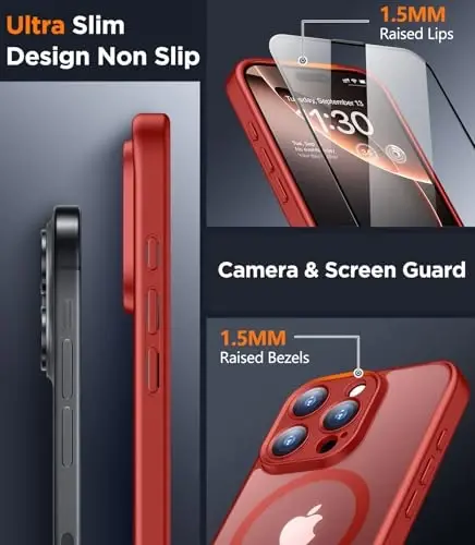 SPIDERCASE Designed for iPhone 16 Pro Case, Magnetic Translucent [2+Full Coverage Tempered Glass Screen Protector] [Full Camera Protection] Anti-Fingerprint Anti-Scratch for iPhone 16 Pro 6.3”, Red - 3