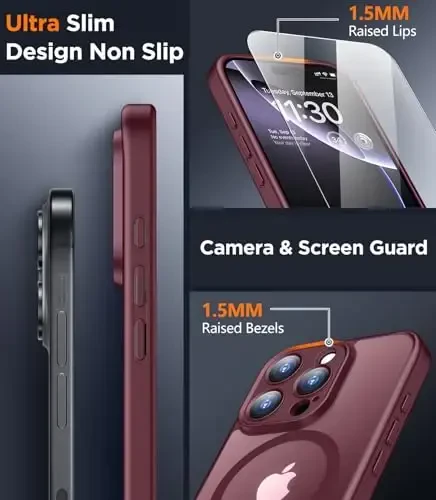 SPIDERCASE Designed for iPhone 16 Pro Case, Magnetic Translucent[2+Tempered Glass Screen Protector] [Camera Protection] Anti-Fingerprint Anti-Scratch for iPhone 16 Pro 6.3”, Wine Red - 5