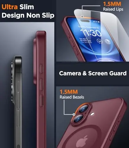 SPIDERCASE Designed for iPhone 16 Pro Case, Magnetic Translucent[2+Tempered Glass Screen Protector] [Camera Protection] Anti-Fingerprint Anti-Scratch for iPhone 16 Pro 6.3”, Wine Red - 4