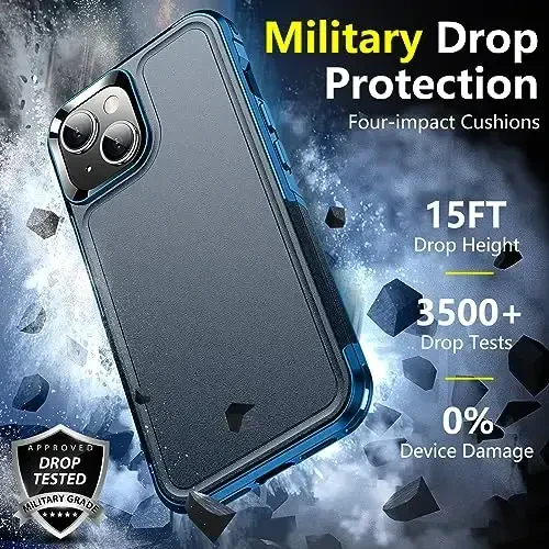 SPIDERCASE для iPhone 14 Case/iPhone 15 Case, [15 FT Military Grade Drop Protection][Non-Slip] 2 Pack [Tempered Glass Screen Protectors+Camera Lens Protectors] Heavy Duty Shockproof Case, Dark Blue - 3