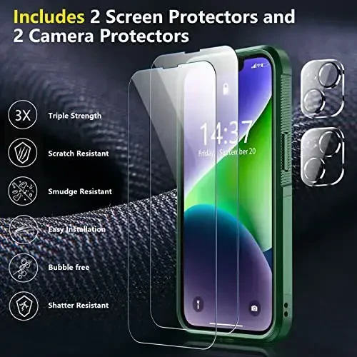 SPIDERCASE для iPhone 14 Case/iPhone 15 Case, [15 FT Military Grade Drop Protection][Non-Slip] 2 Pack [Tempered Glass Screen Protectors+Camera Lens Protectors] Heavy Duty Shockproof Case, Deep Green - 4